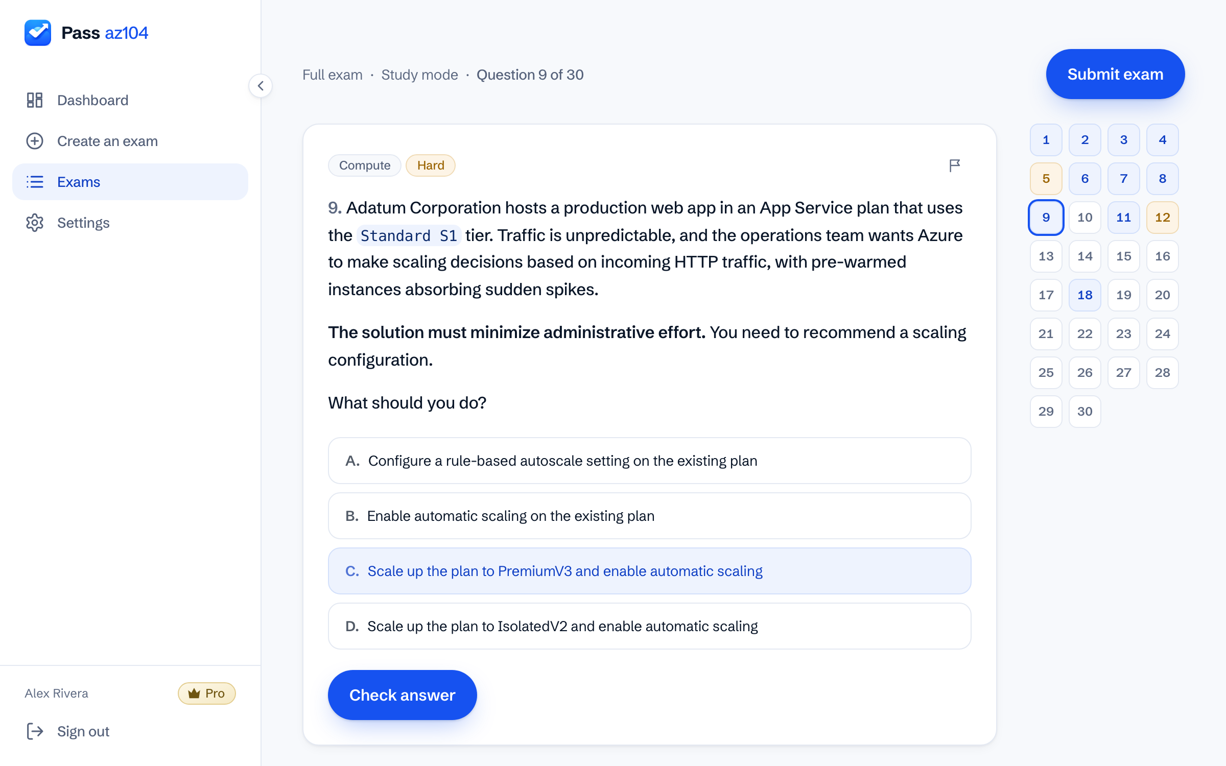 The Pass az104 exam engine part-way through a session: an AZ-104 scenario question with four answer options, the question navigator beside it, and the position marked as question 9 of 30.